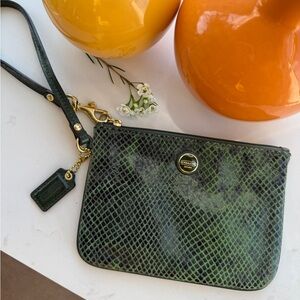 Coach Forest Green Leather Python Embossed Wristlet.